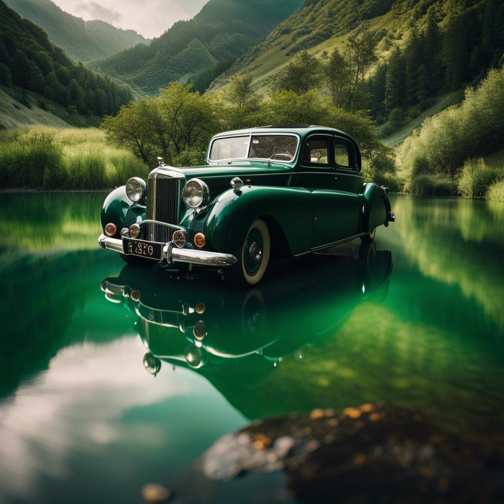 Dream of Driving Into Water. A vintage car sinking into a serene lake surrounded by mountain