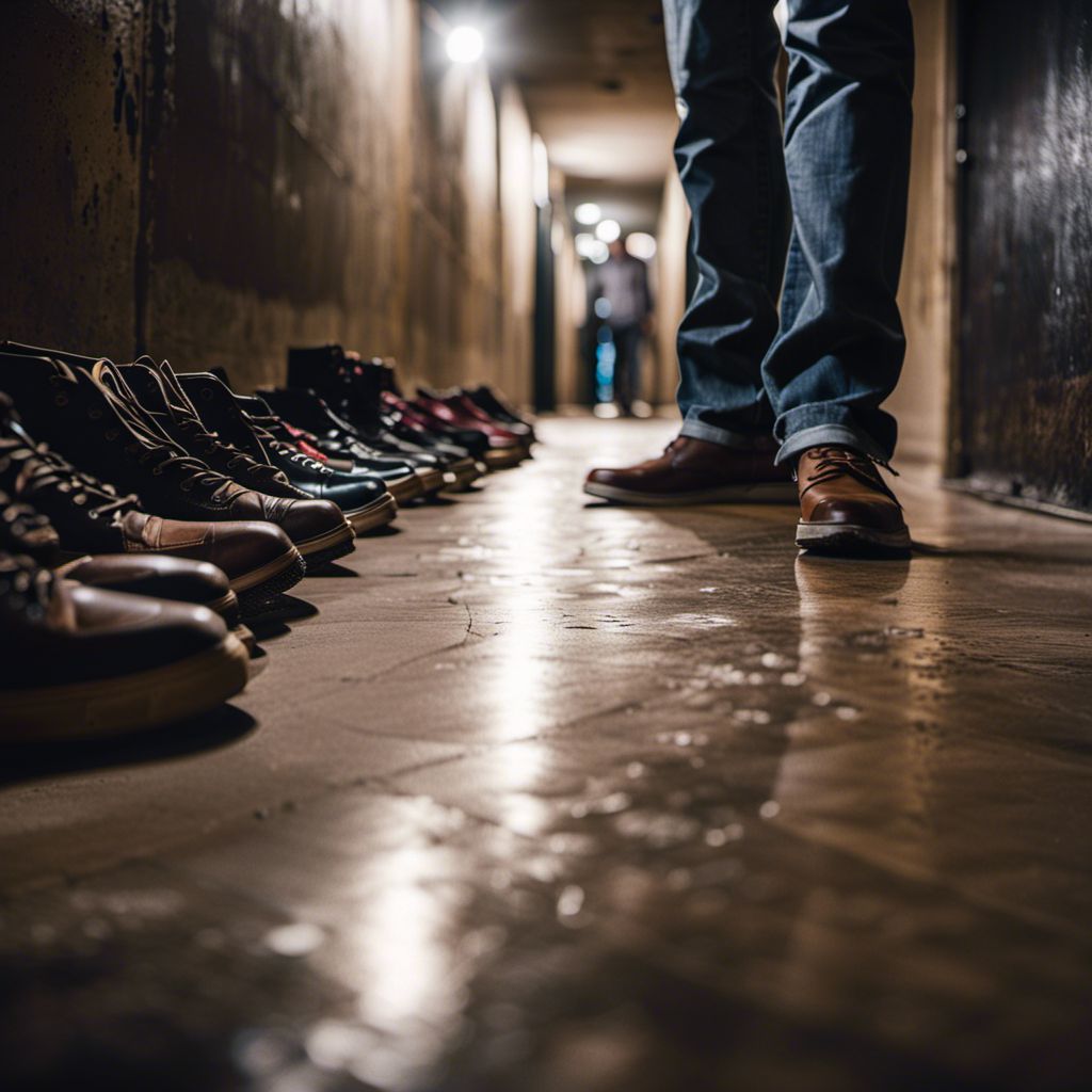 Dream Of Lost Shoes. A person stands barefoot in a dimly lit hallway surrounded by shoes