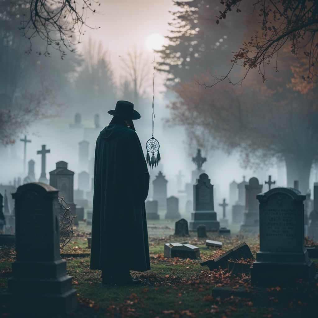 Dreams of Dead Person Not Talking to You. A ghostly figure in a foggy cemetery with a dreamcatcher
